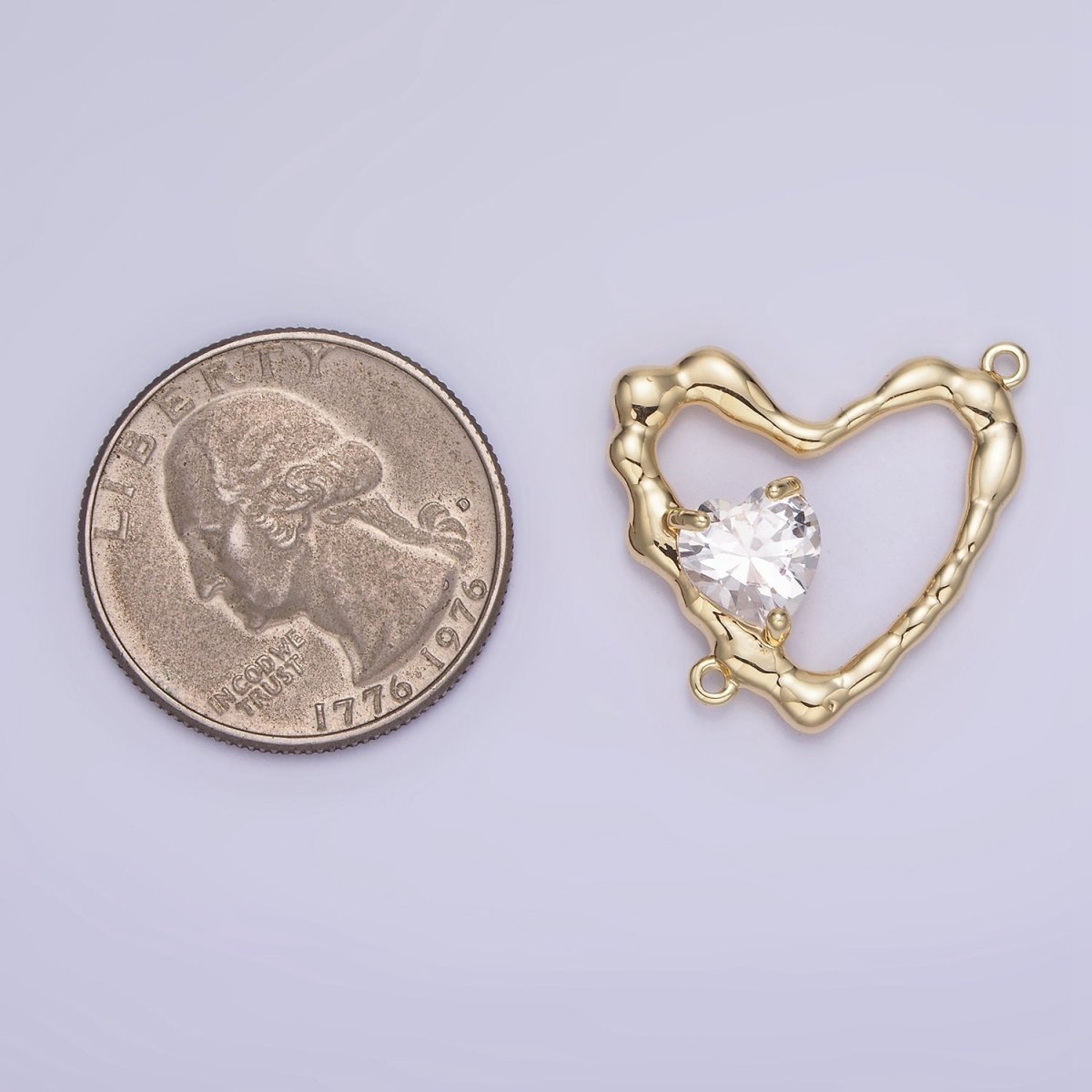 14K Gold plated Clear, Pink CZ Open Molten Heart Connector | G288