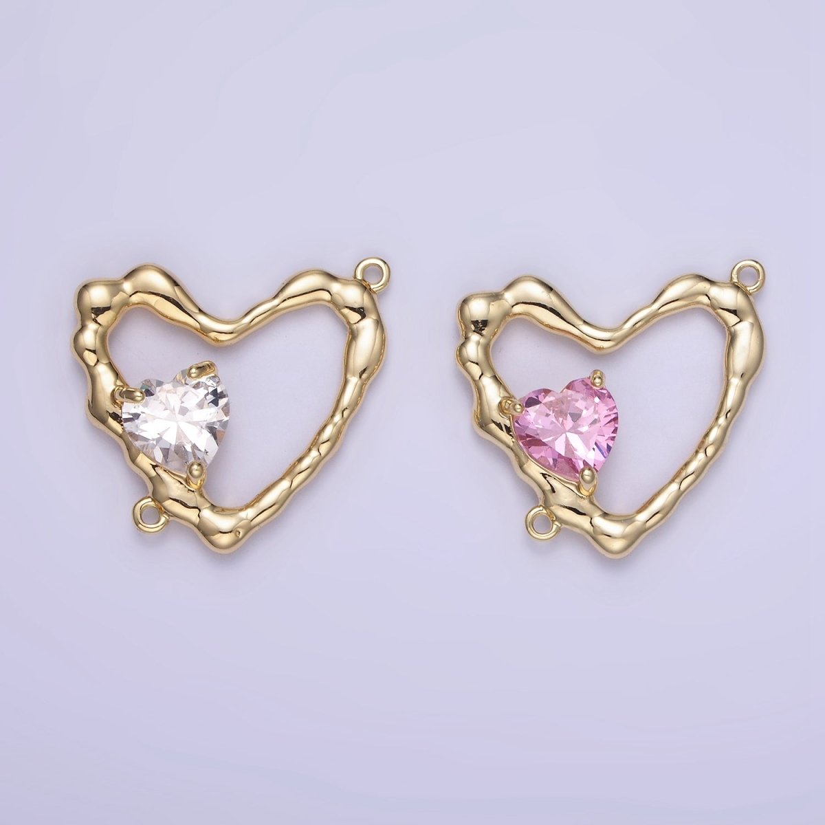14K Gold plated Clear, Pink CZ Open Molten Heart Connector | G288