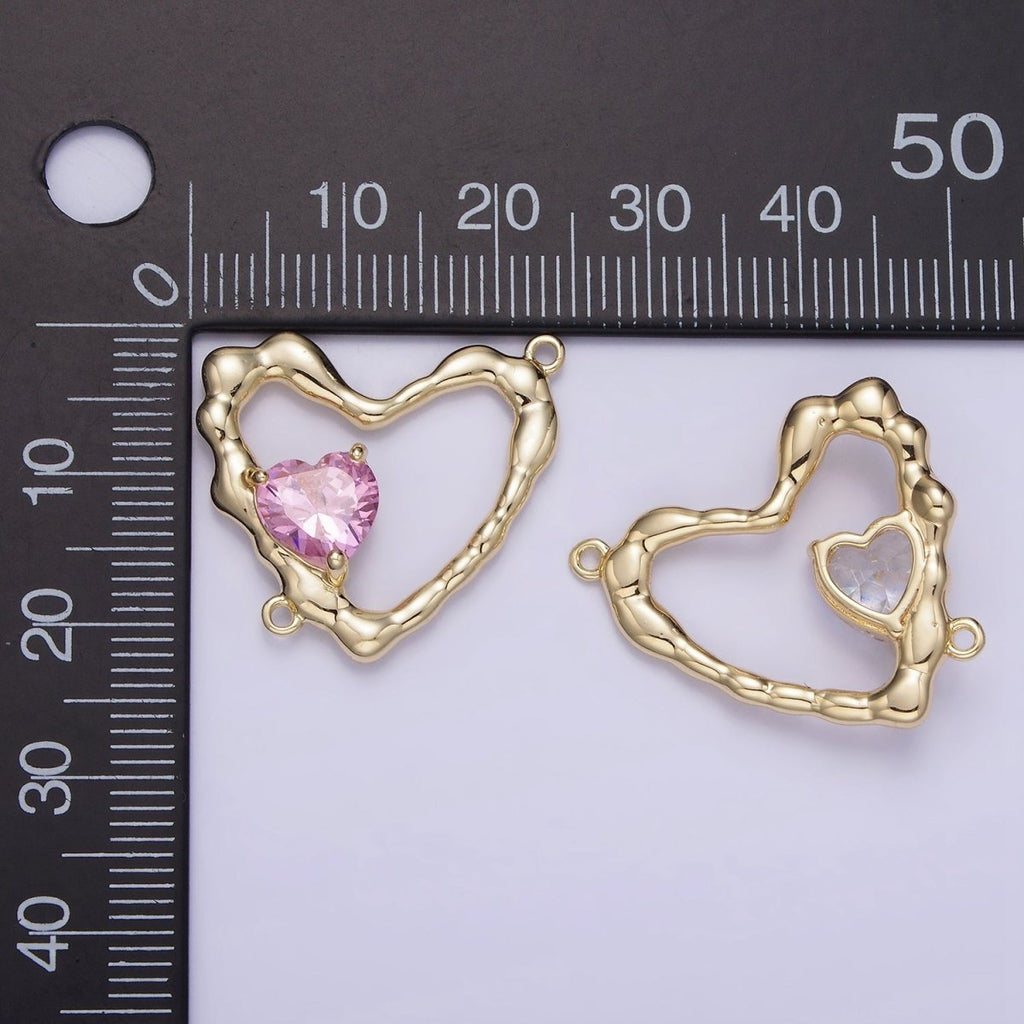 14K Gold plated Clear, Pink CZ Open Molten Heart Connector | G288