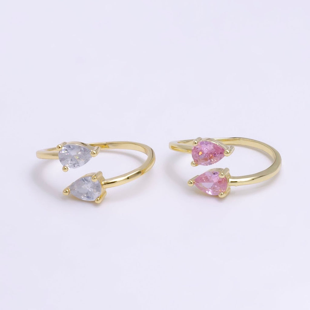 14K Gold plated Clear, Pink Double Teardrop CZ Open Claw Ring | O1902 O1903