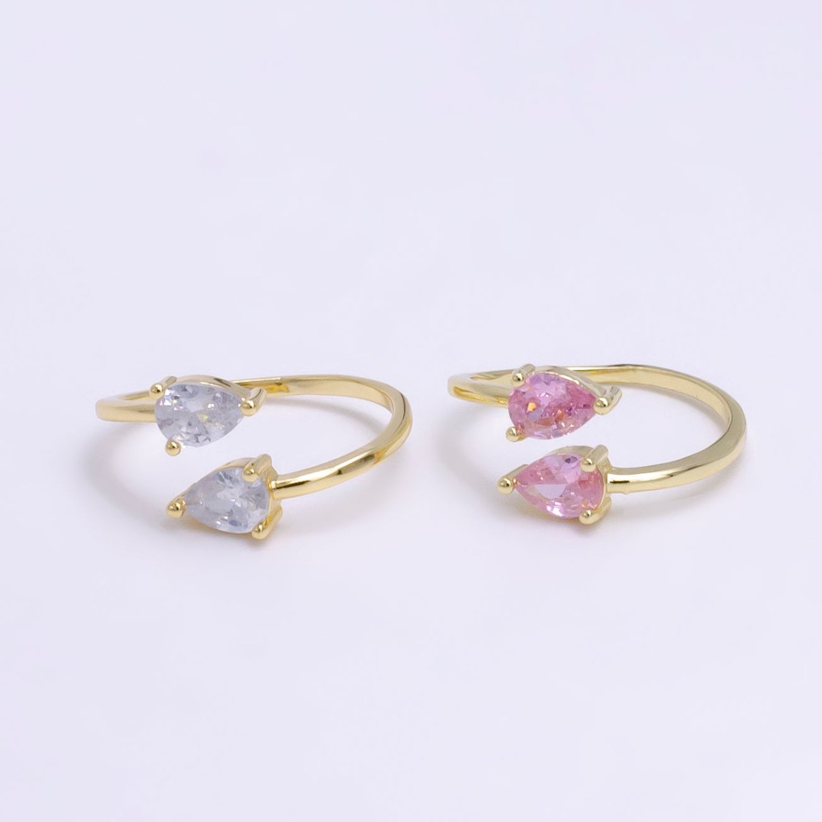 14K Gold plated Clear, Pink Double Teardrop CZ Open Claw Ring | O1902 O1903