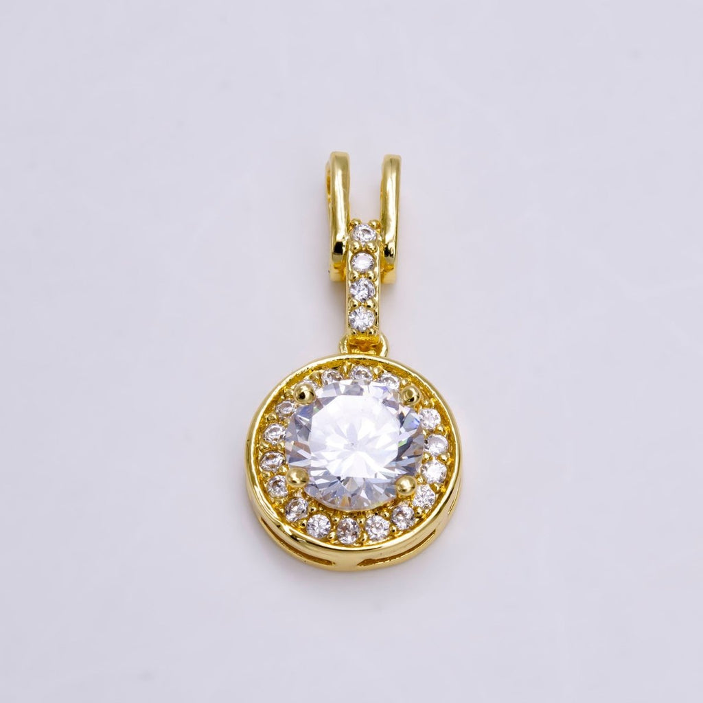 14K Gold plated Clear, Pink, Green Round CZ Micro Paved Bail Pendant | N1465 - N1467