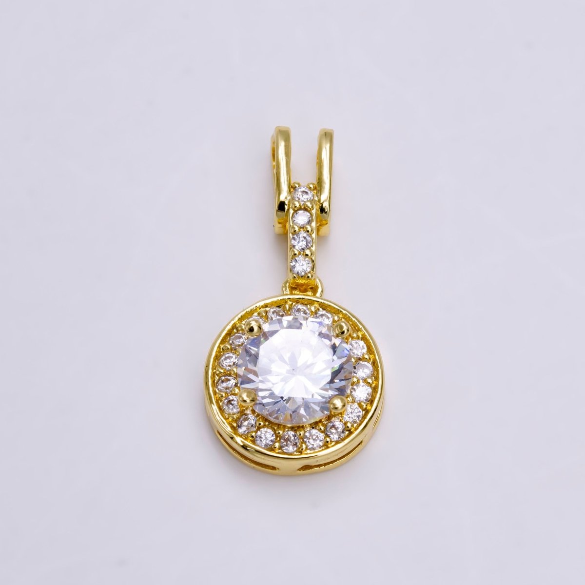 14K Gold plated Clear, Pink, Green Round CZ Micro Paved Bail Pendant | N1465 - N1467