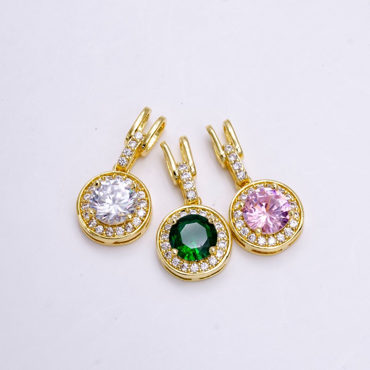 14K Gold plated Clear, Pink, Green Round CZ Micro Paved Bail Pendant | N1465 - N1467