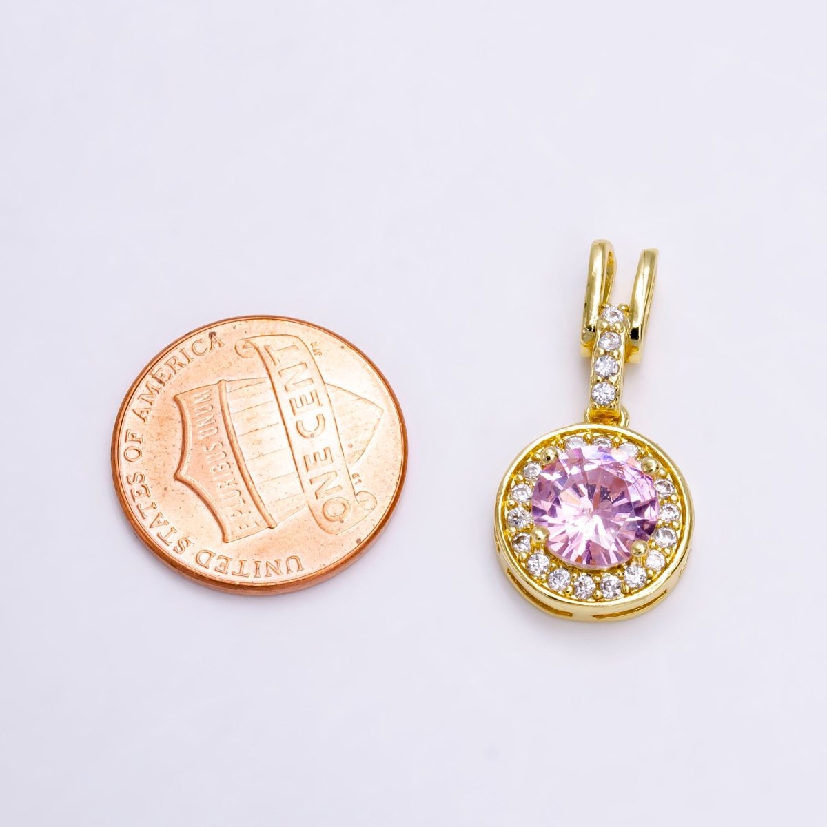 14K Gold plated Clear, Pink, Green Round CZ Micro Paved Bail Pendant | N1465 - N1467