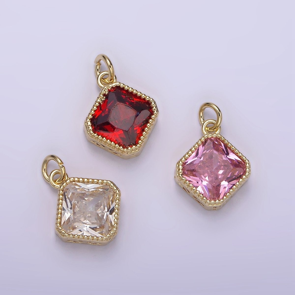 14K Gold plated Clear, Pink, Red CZ Rhombus Filigree Charm | AG316 - AG318