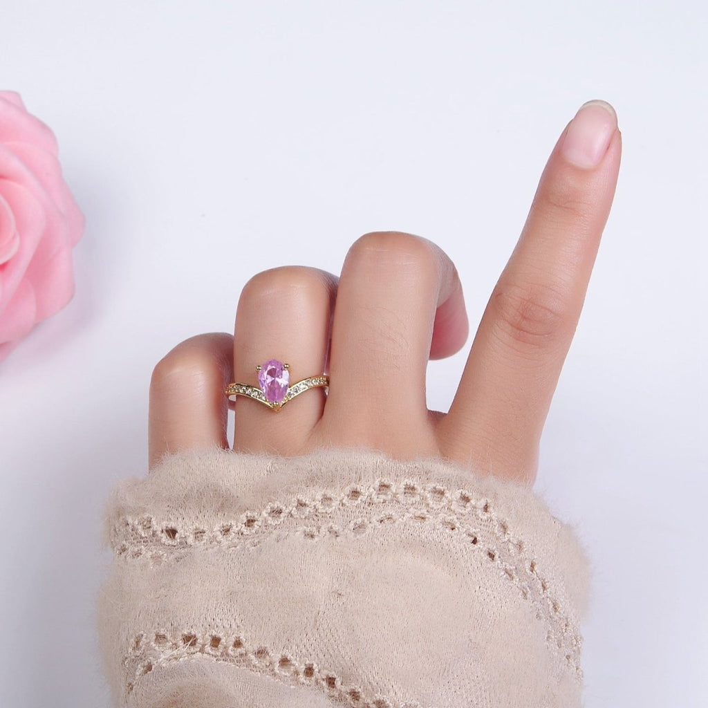 14K Gold plated Clear, Pink Teardrop CZ Micro Paved Chevron Ring | O1079 O1080 - DLUXCA