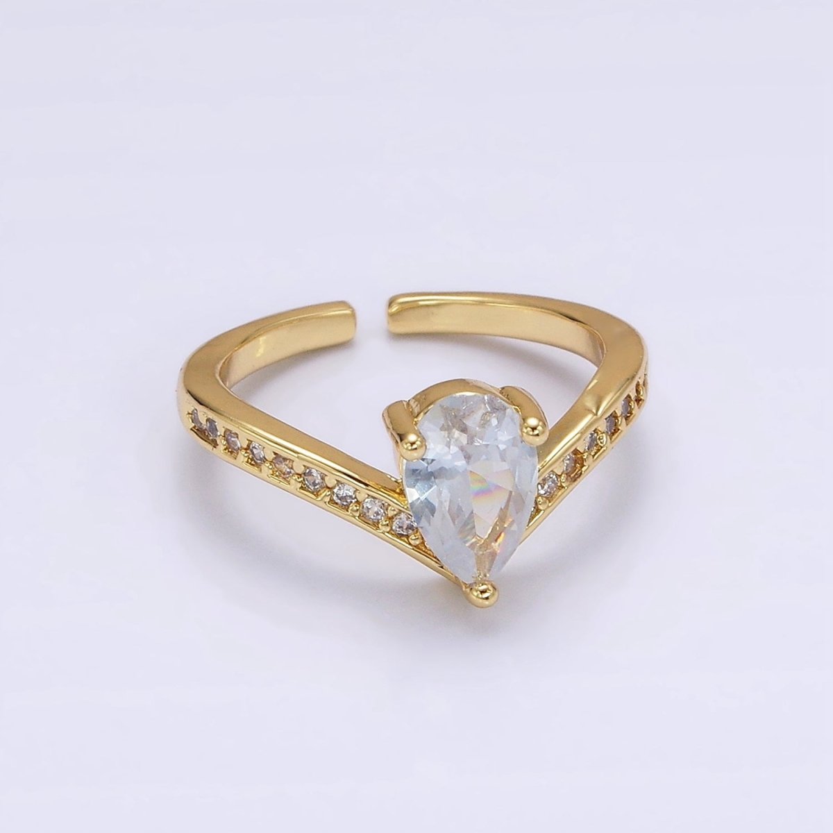14K Gold plated Clear, Pink Teardrop CZ Micro Paved Chevron Ring | O1079 O1080 - DLUXCA