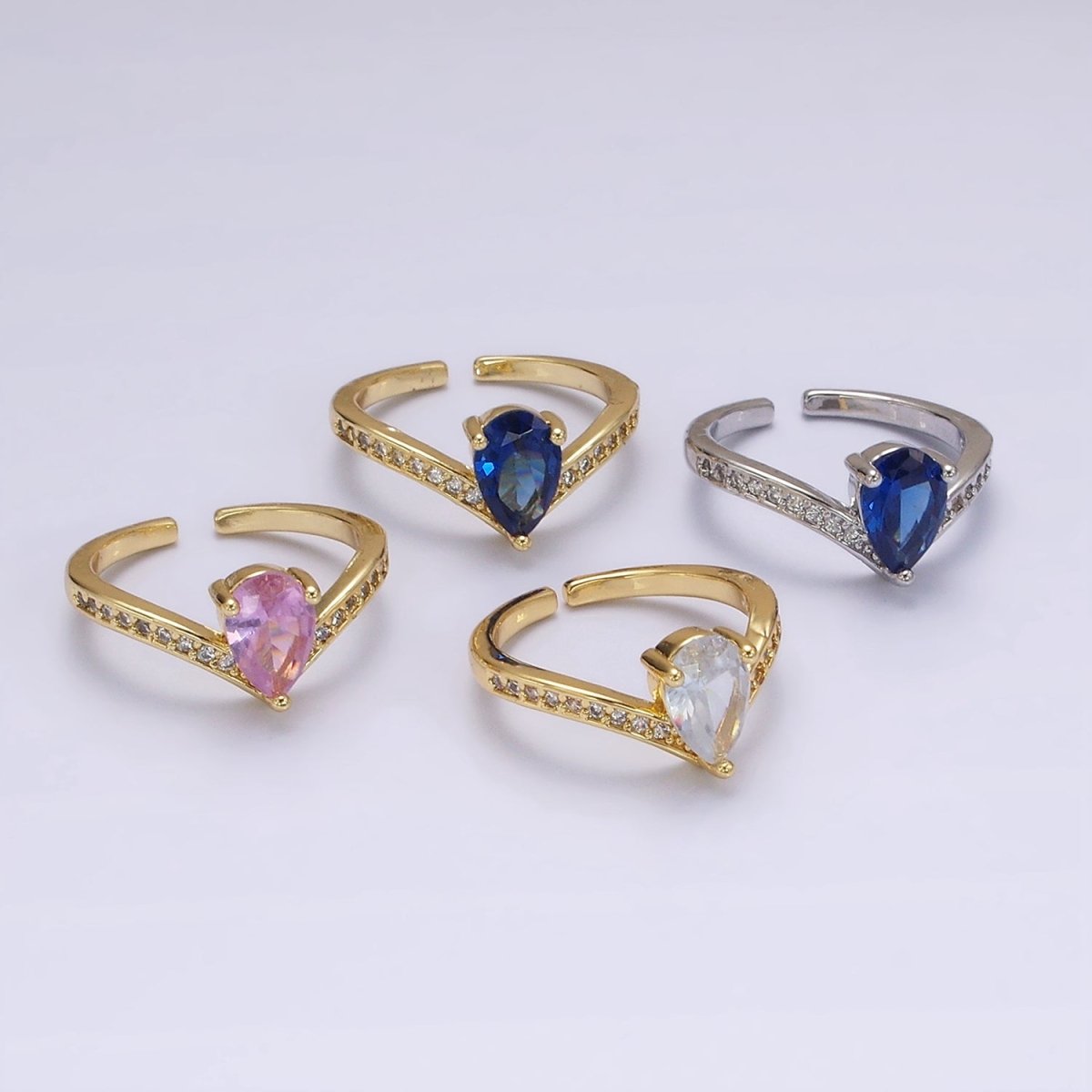 14K Gold plated Clear, Pink Teardrop CZ Micro Paved Chevron Ring | O1079 O1080 - DLUXCA