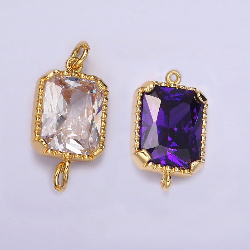 14K Gold plated Clear, Purple CZ Multifaceted Baguette Bezel Connector | G814 G815