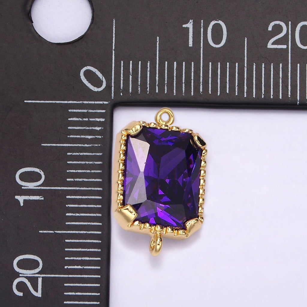 14K Gold plated Clear, Purple CZ Multifaceted Baguette Bezel Connector | G814 G815