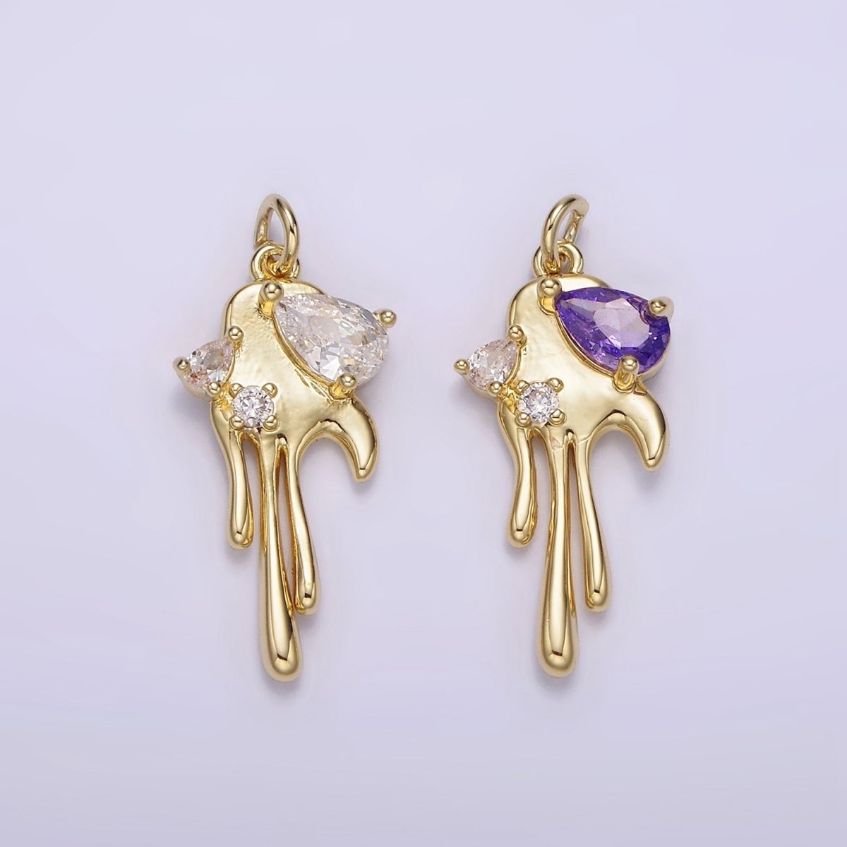 14K Gold plated Clear, Purple CZ Teardrop Molten Drip Charm | AG204 AG205