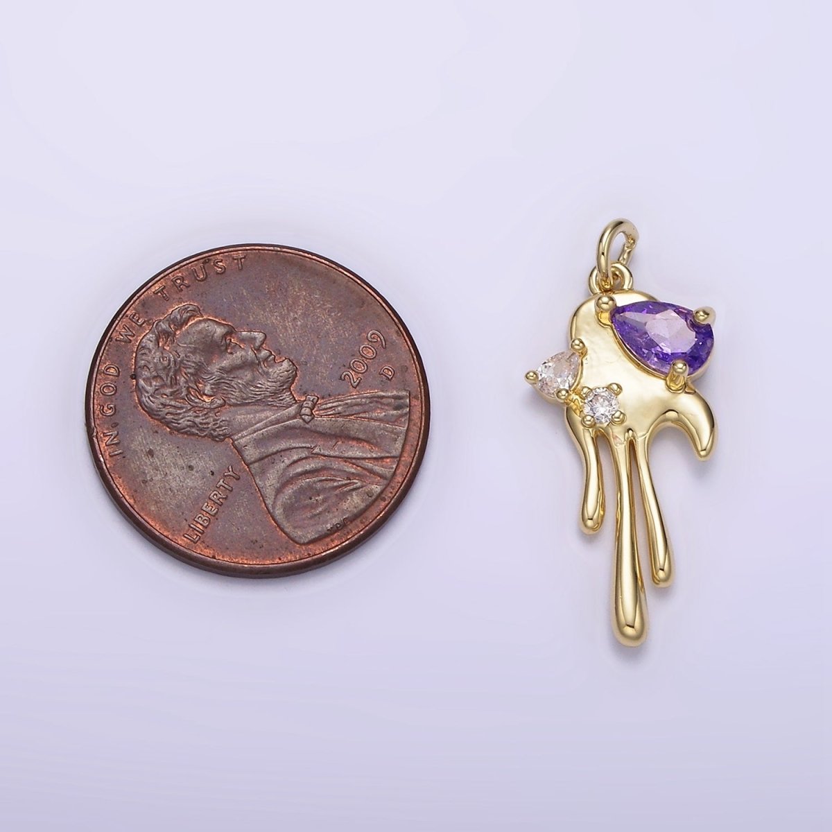 14K Gold plated Clear, Purple CZ Teardrop Molten Drip Charm | AG204 AG205
