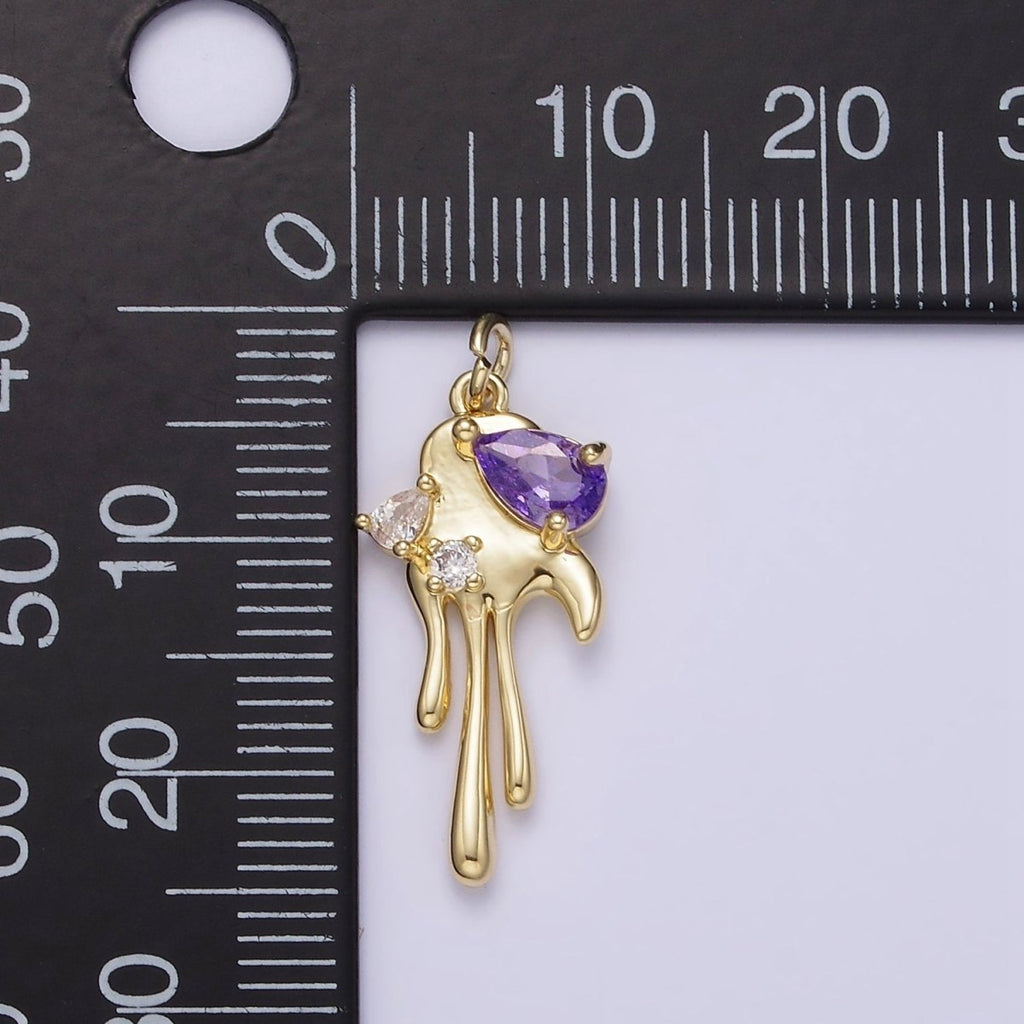 14K Gold plated Clear, Purple CZ Teardrop Molten Drip Charm | AG204 AG205