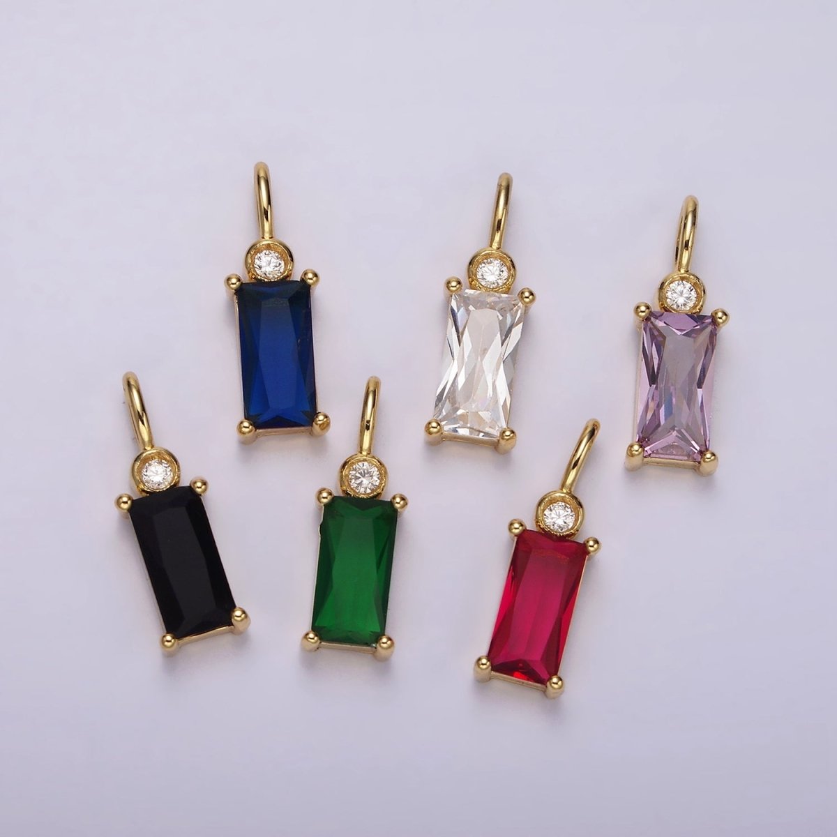 14K Gold plated Clear, Purple, Fuchsia, Green, Blue, Black Baguette CZ Pendant | N1955 - N1960