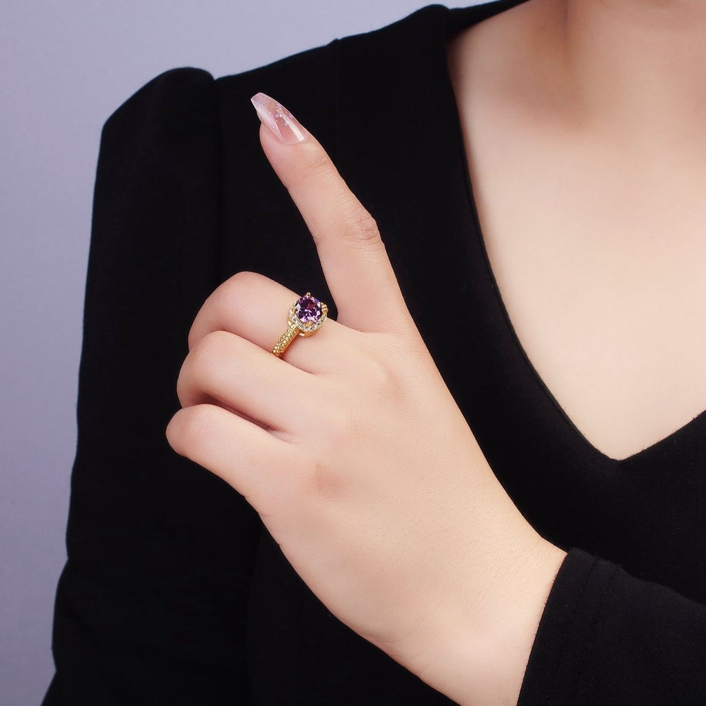 14K Gold plated Clear, Purple, Green, Pink, Black, Red CZ Solitaire Bubble Ring | O1373 - O1378
