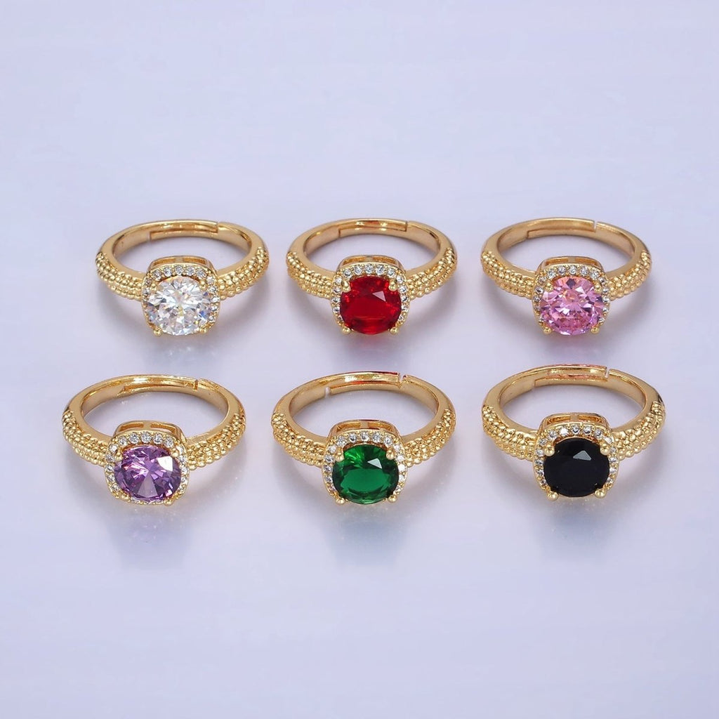 14K Gold plated Clear, Purple, Green, Pink, Black, Red CZ Solitaire Bubble Ring | O1373 - O1378
