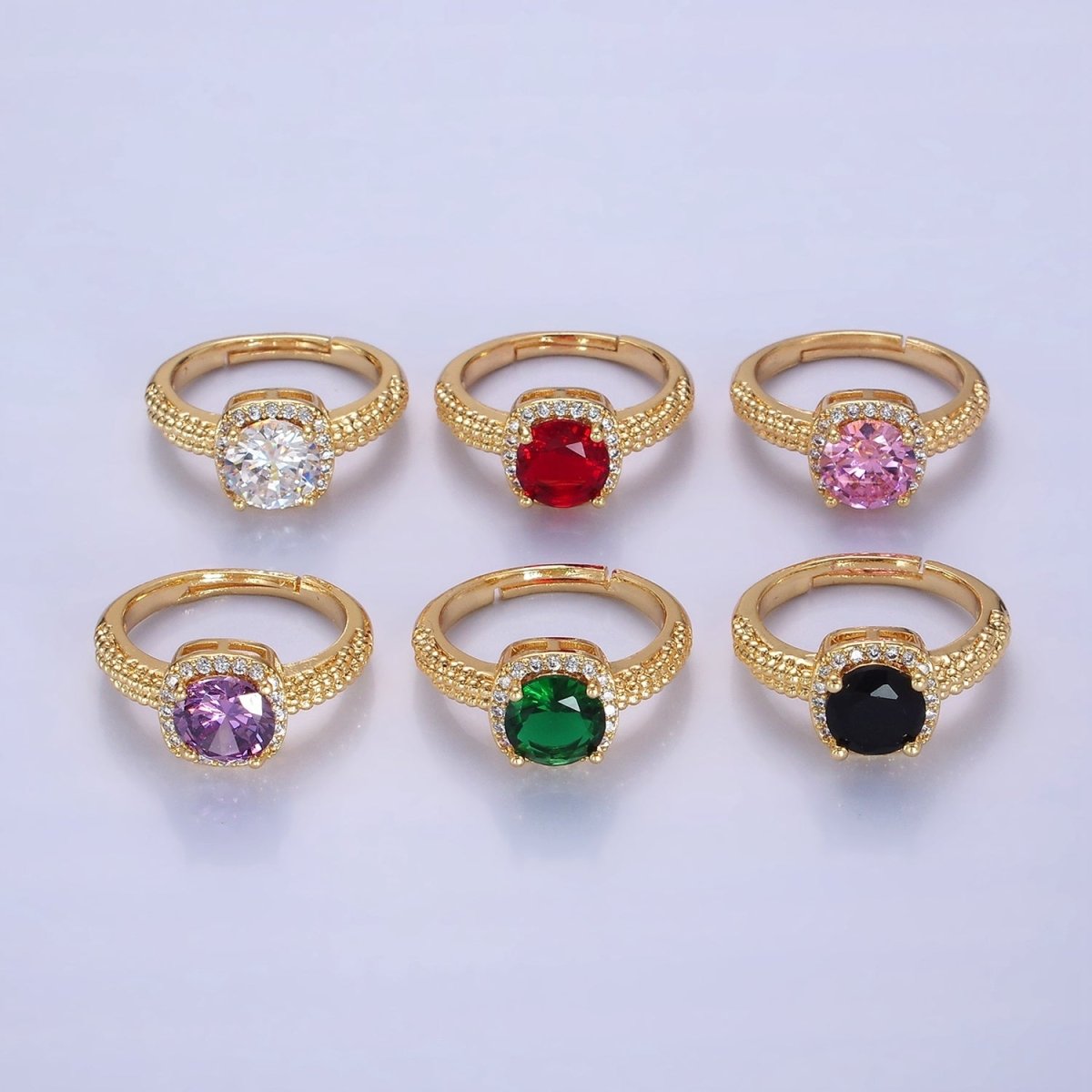 14K Gold plated Clear, Purple, Green, Pink, Black, Red CZ Solitaire Bubble Ring | O1373 - O1378
