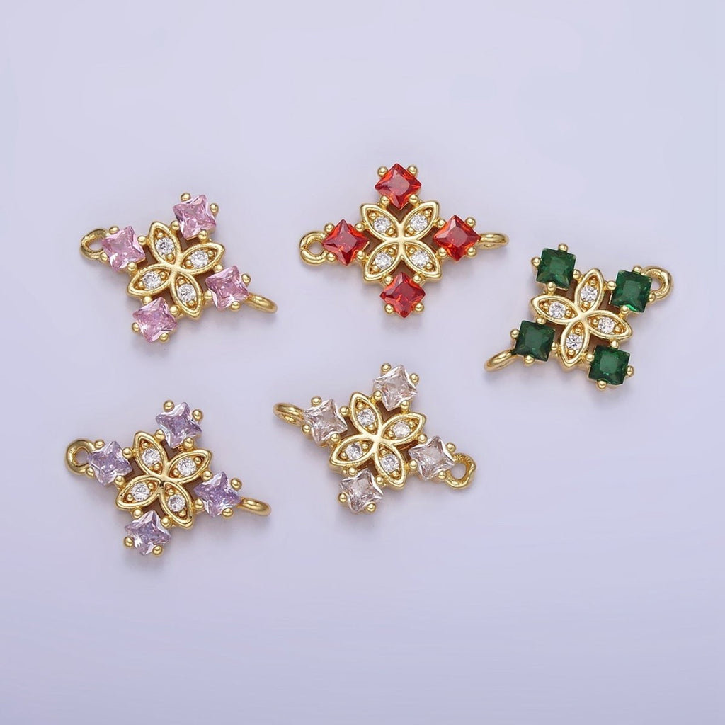 14K Gold plated Clear, Purple, Green, Red, Pink Rhombus CZ Flower Connector | G339 - G341 - DLUXCA