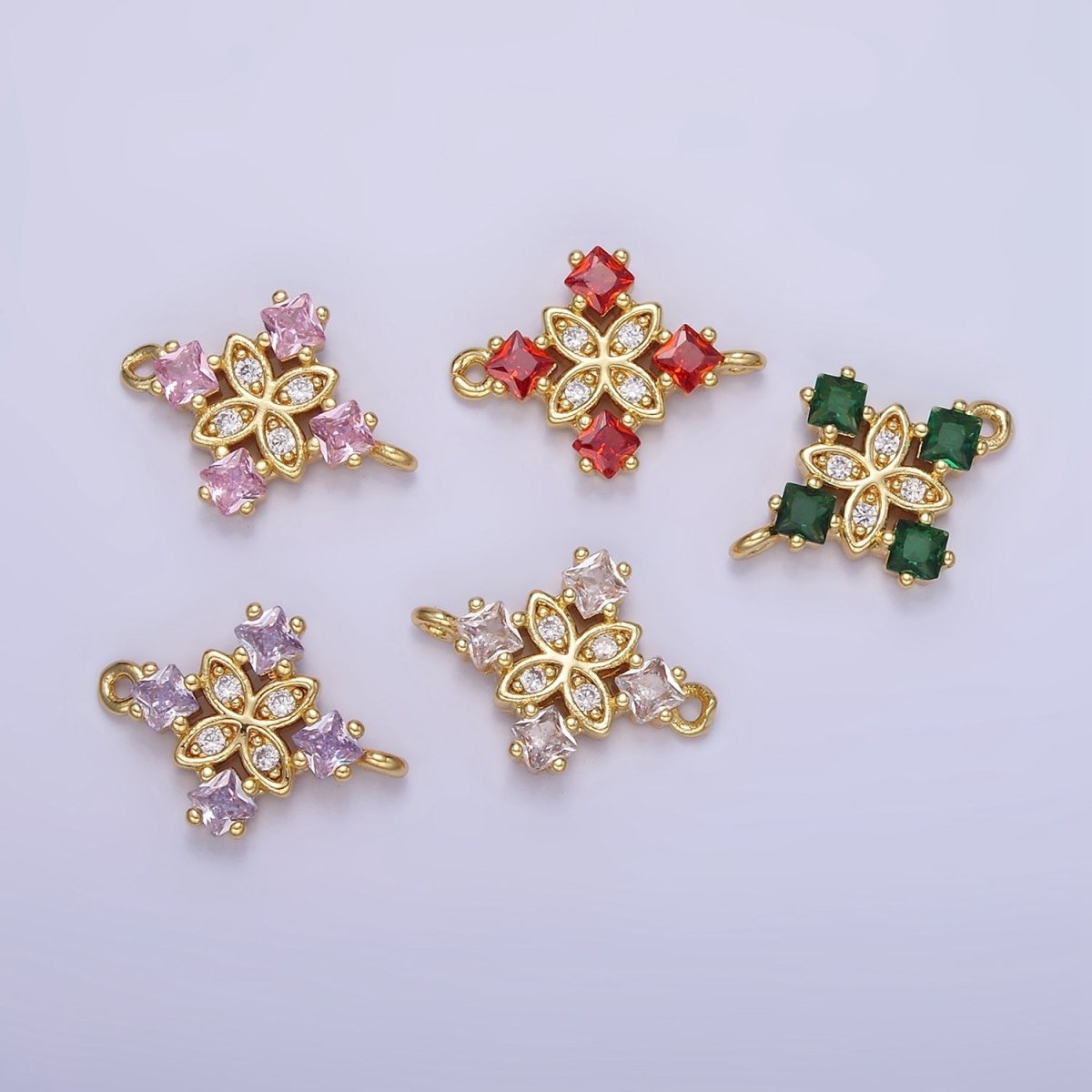 14K Gold plated Clear, Purple, Green, Red, Pink Rhombus CZ Flower Connector | G339 - G341 - DLUXCA