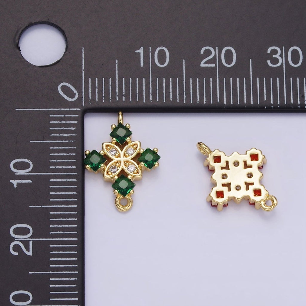 14K Gold plated Clear, Purple, Green, Red, Pink Rhombus CZ Flower Connector | G339 - G341 - DLUXCA