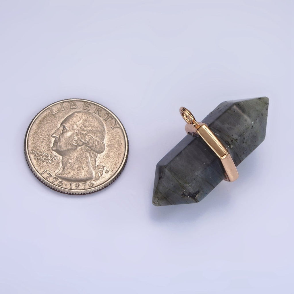 14K Gold plated Clear Quartz, Lapis Lazuli, Tiger Eye, Rose Quartz, Onyx, Labradorite Pointed Wand Charm | N1678 - N1683