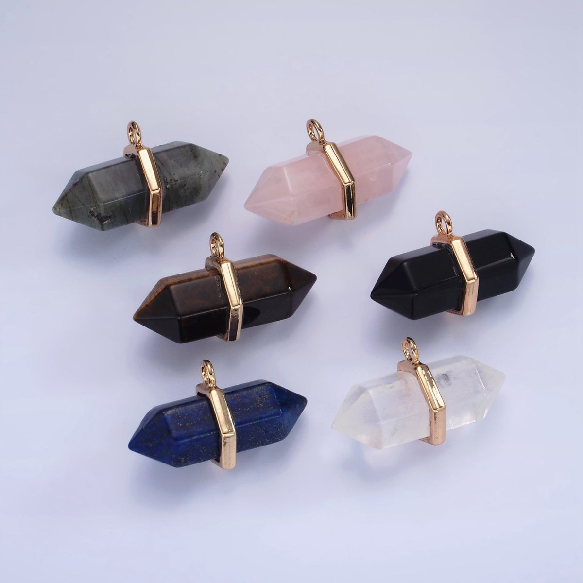 14K Gold plated Clear Quartz, Lapis Lazuli, Tiger Eye, Rose Quartz, Onyx, Labradorite Pointed Wand Charm | N1678 - N1683