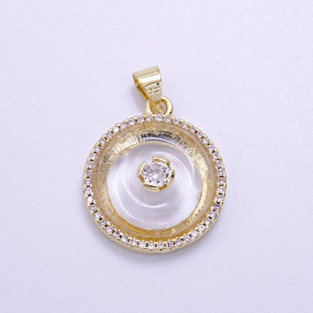 14K Gold plated Clear Quartz, Rose Quartz, Amethyst Round Micro Paved CZ Pendant | AH058 - AH060