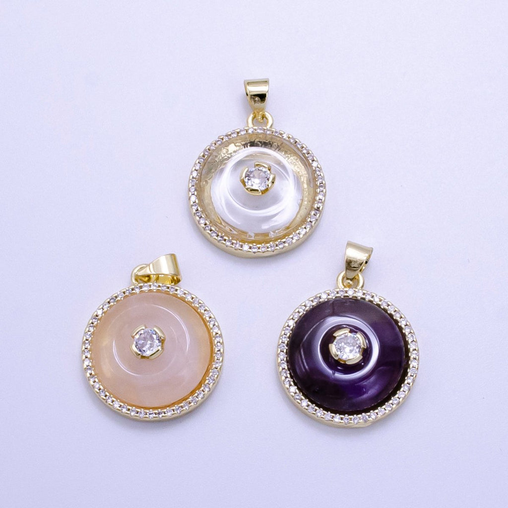 14K Gold plated Clear Quartz, Rose Quartz, Amethyst Round Micro Paved CZ Pendant | AH058 - AH060