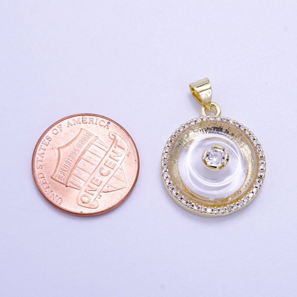 14K Gold plated Clear Quartz, Rose Quartz, Amethyst Round Micro Paved CZ Pendant | AH058 - AH060