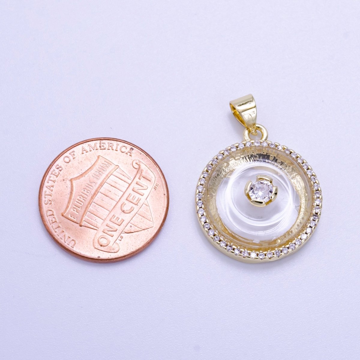 14K Gold plated Clear Quartz, Rose Quartz, Amethyst Round Micro Paved CZ Pendant | AH058 - AH060