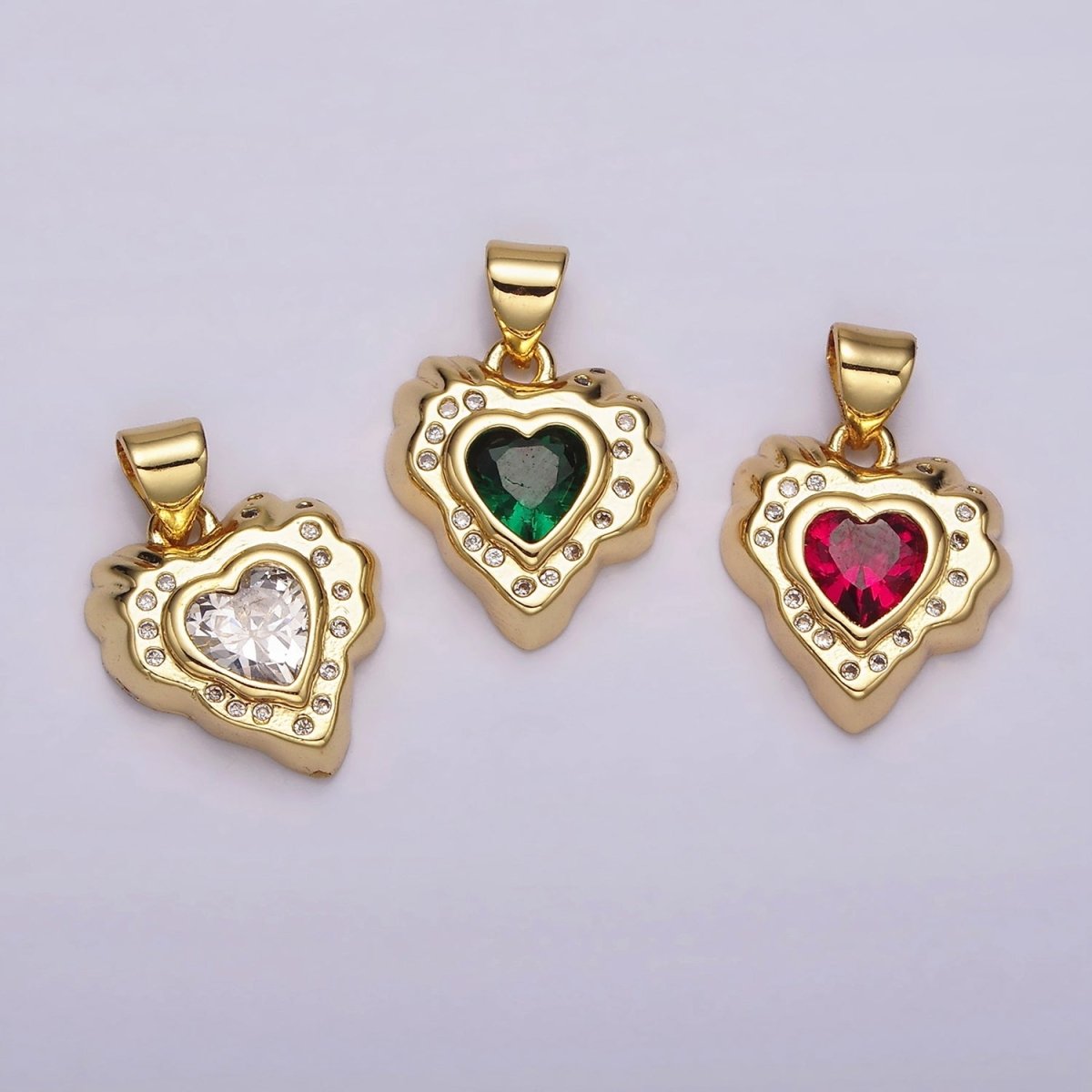 14K Gold plated Clear, Red, Green CZ Dotted Molten Heart Pendant | AH095 - AH097