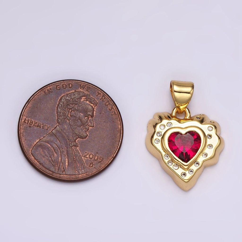 14K Gold plated Clear, Red, Green CZ Dotted Molten Heart Pendant | AH095 - AH097