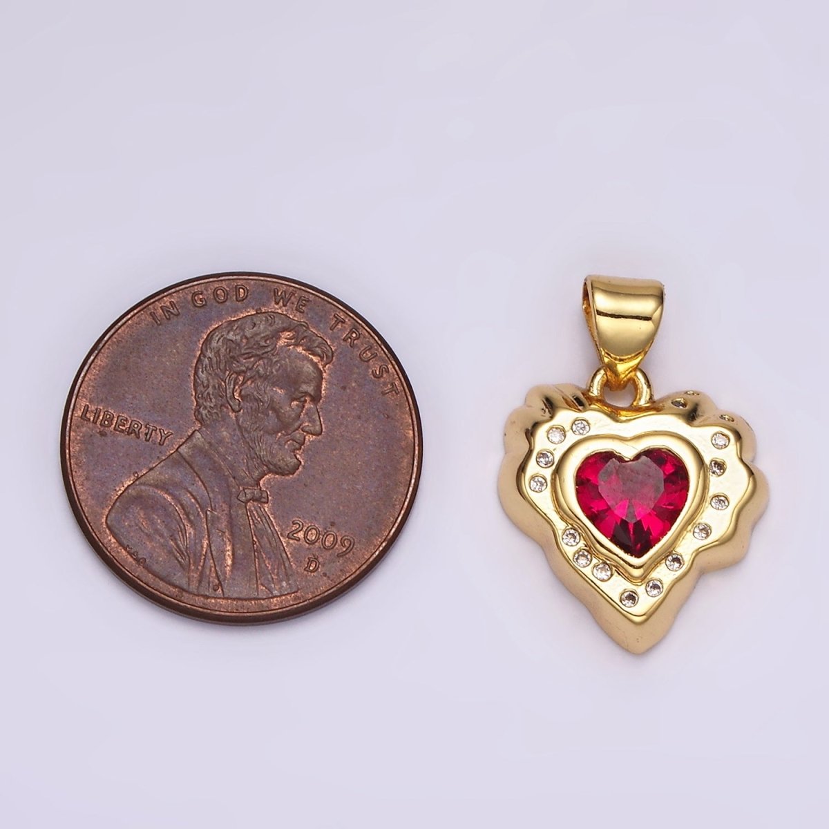 14K Gold plated Clear, Red, Green CZ Dotted Molten Heart Pendant | AH095 - AH097