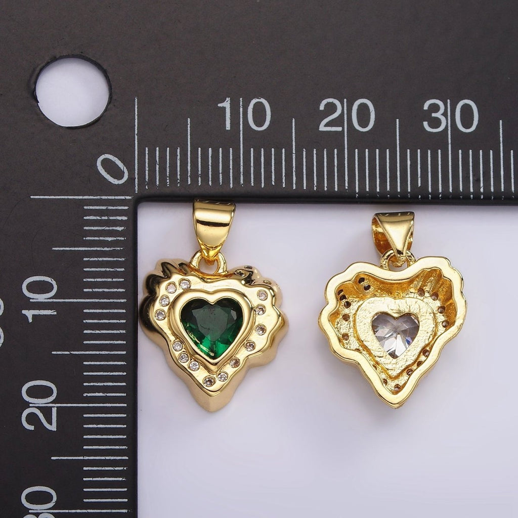14K Gold plated Clear, Red, Green CZ Dotted Molten Heart Pendant | AH095 - AH097