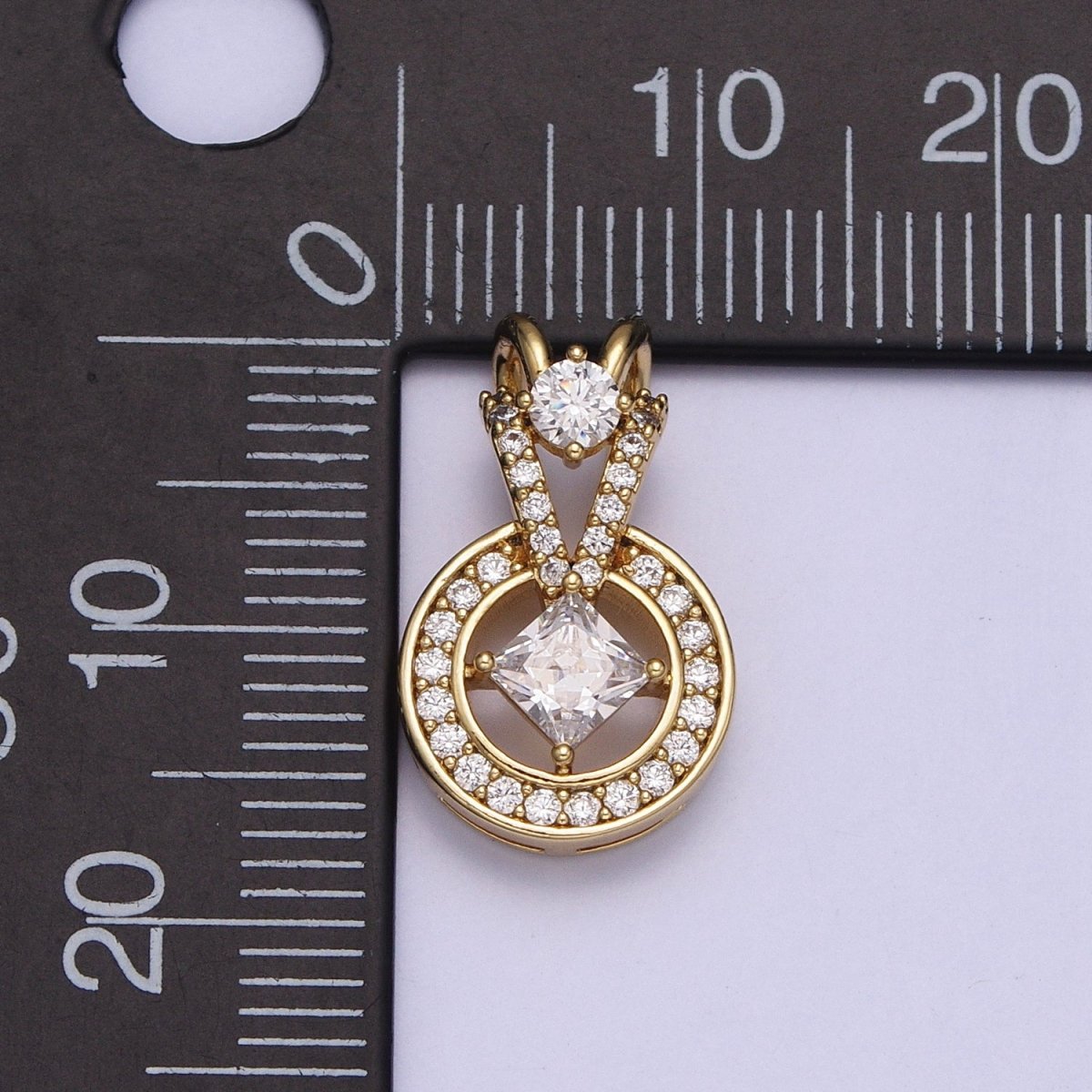 14K Gold plated Clear Rhombus Round Double Bail Micro Paved CZ Geometric Pendant | AA038 - DLUXCA