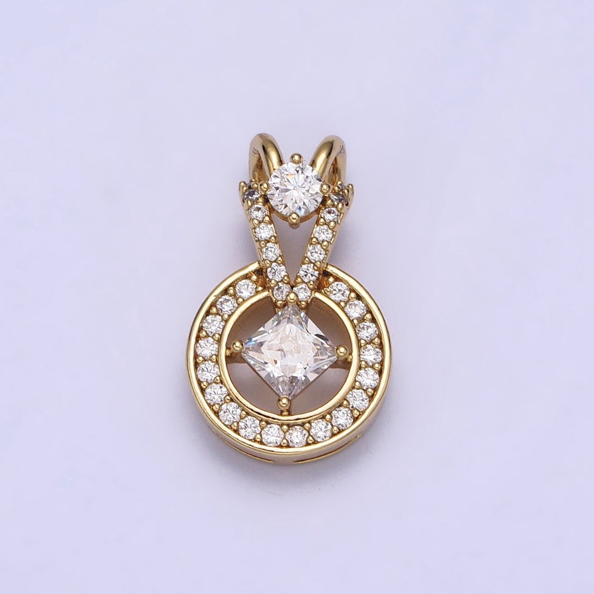 14K Gold plated Clear Rhombus Round Double Bail Micro Paved CZ Geometric Pendant | AA038 - DLUXCA
