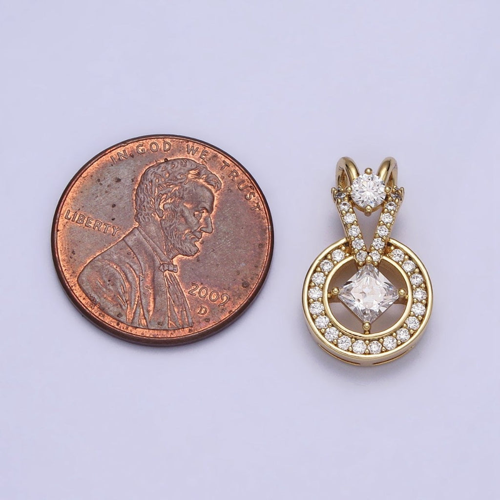 14K Gold plated Clear Rhombus Round Double Bail Micro Paved CZ Geometric Pendant | AA038 - DLUXCA