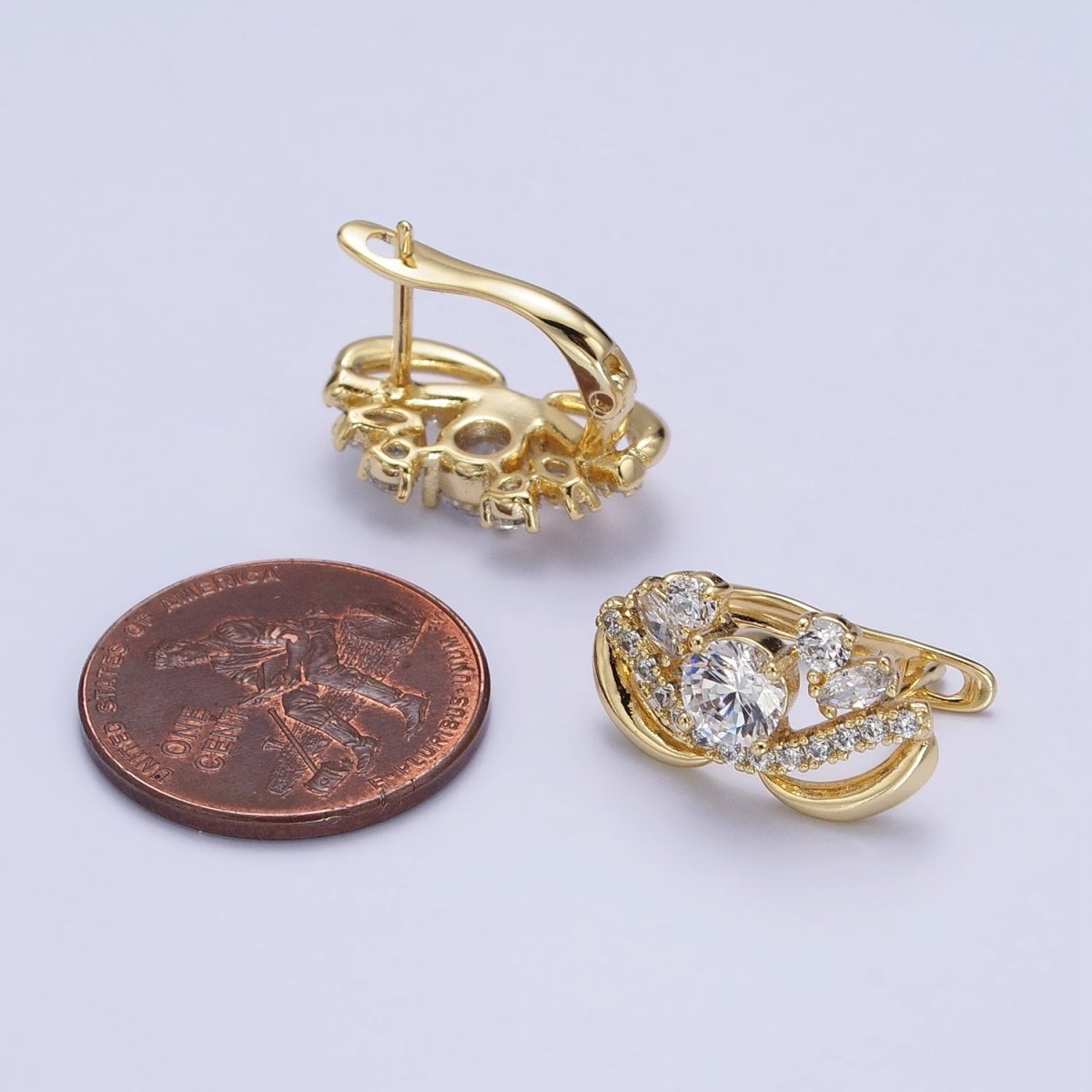 14K Gold plated Clear Round CZ Micro Paved Geometric Curved Band English Lock Earrings | AD1526 - DLUXCA