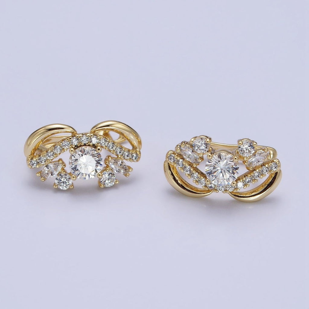 14K Gold plated Clear Round CZ Micro Paved Geometric Curved Band English Lock Earrings | AD1526 - DLUXCA