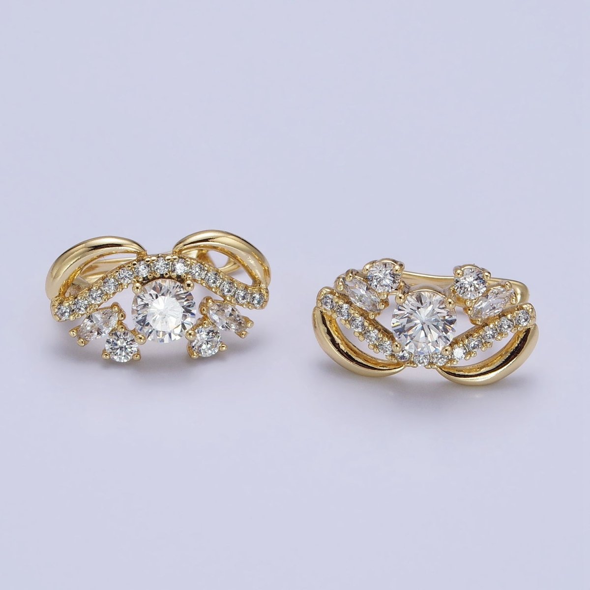 14K Gold plated Clear Round CZ Micro Paved Geometric Curved Band English Lock Earrings | AD1526 - DLUXCA