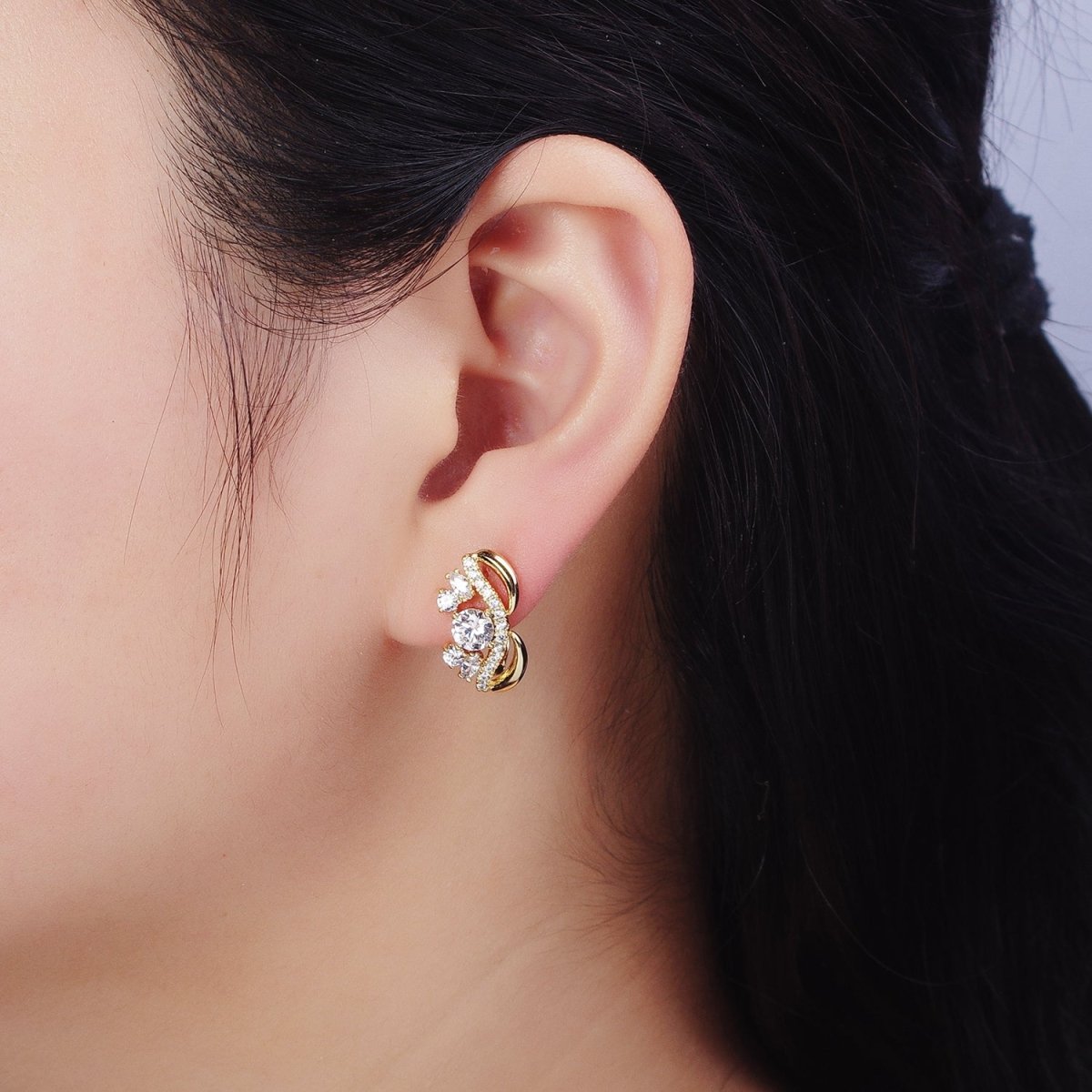 14K Gold plated Clear Round CZ Micro Paved Geometric Curved Band English Lock Earrings | AD1526 - DLUXCA
