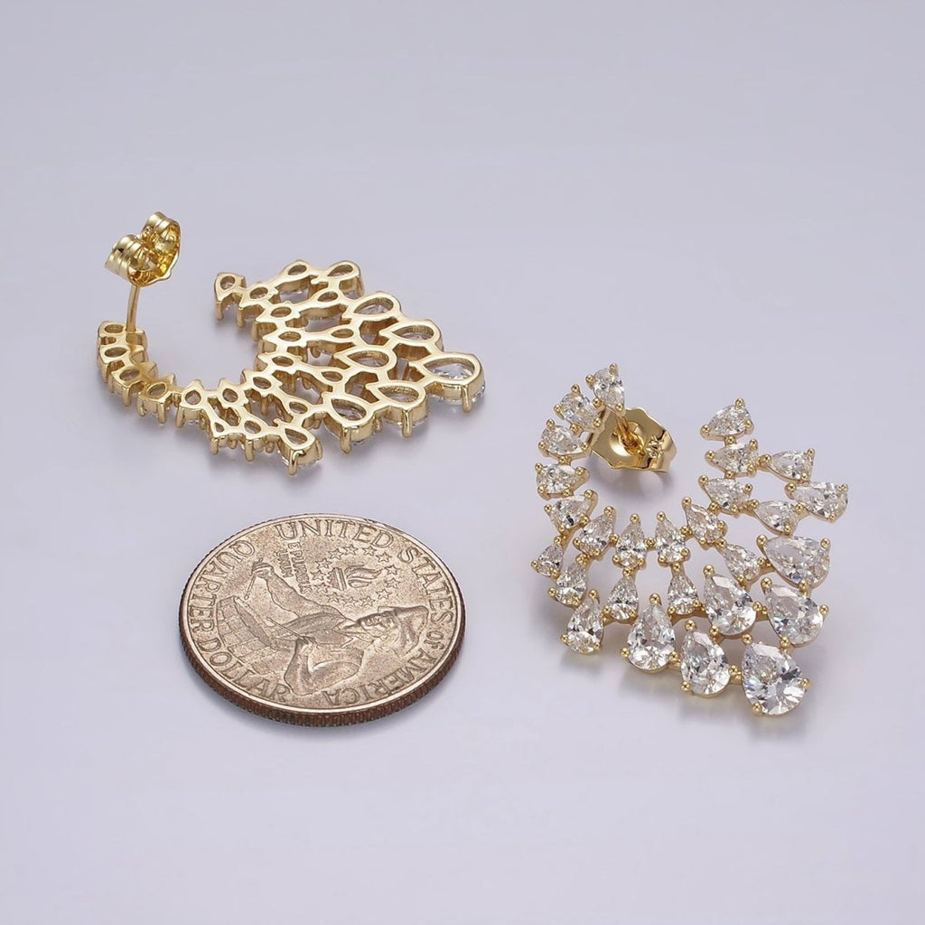 14K Gold plated Clear Teardrop CZ Circular Drop Stud Earrings Set | AE401 - DLUXCA