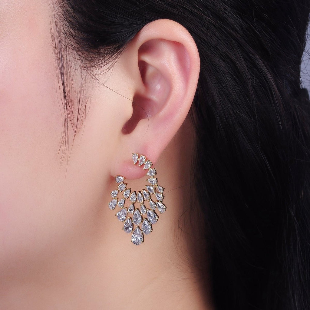 14K Gold plated Clear Teardrop CZ Circular Drop Stud Earrings Set | AE401 - DLUXCA