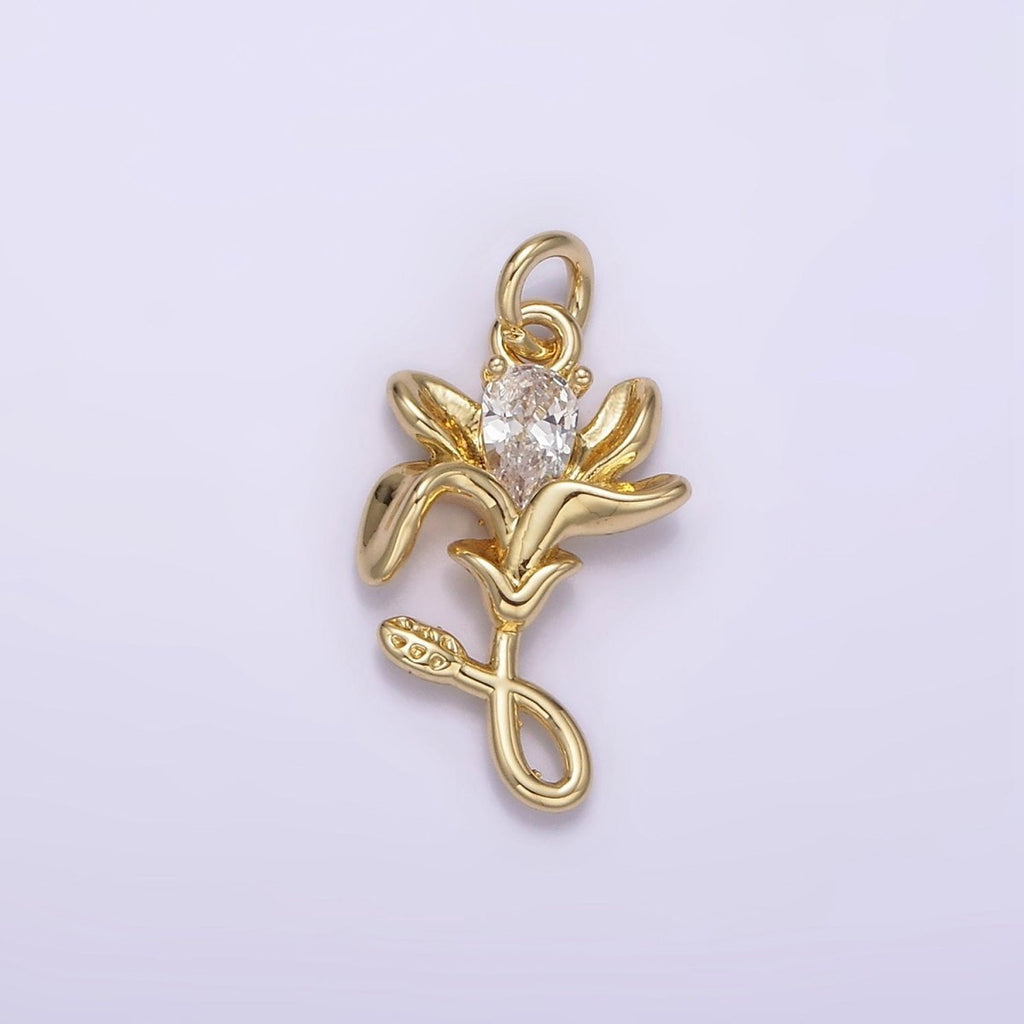 14K Gold plated Clear Teardrop CZ Lily Flower Nature Charm | AG256 - DLUXCA