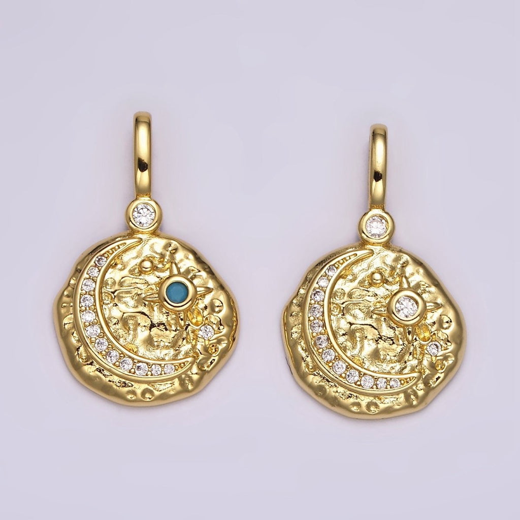 14K Gold plated Clear, Turquoise Celestial Star Crescent Moon Micro Paved Hammered CZ Pendant | AH109 AH110
