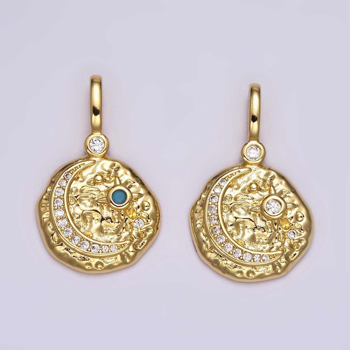 14K Gold plated Clear, Turquoise Celestial Star Crescent Moon Micro Paved Hammered CZ Pendant | AH109 AH110