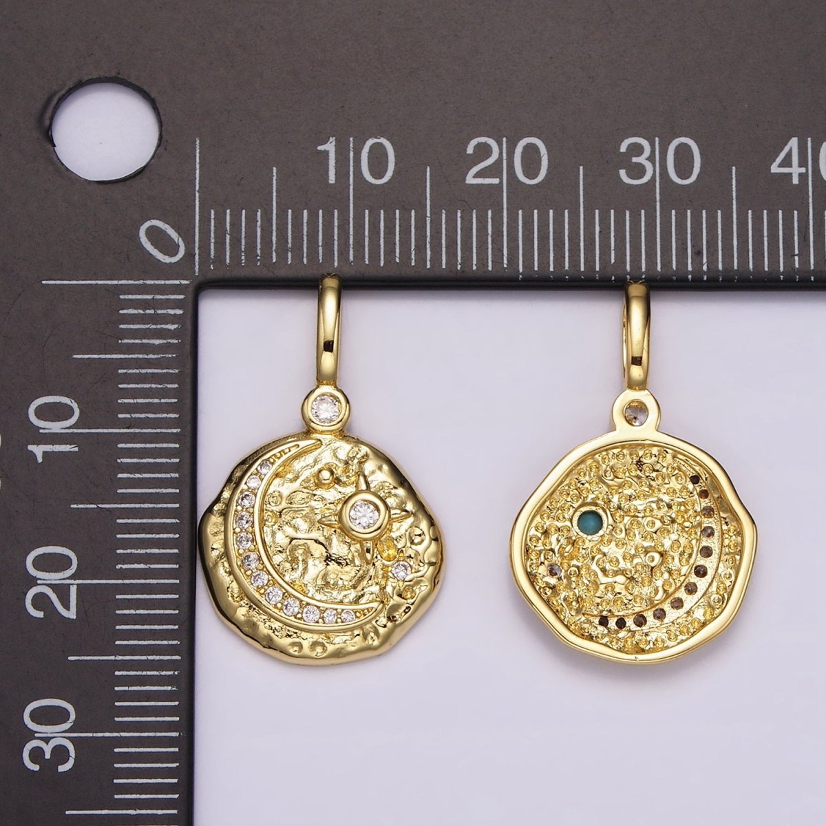 14K Gold plated Clear, Turquoise Celestial Star Crescent Moon Micro Paved Hammered CZ Pendant | AH109 AH110