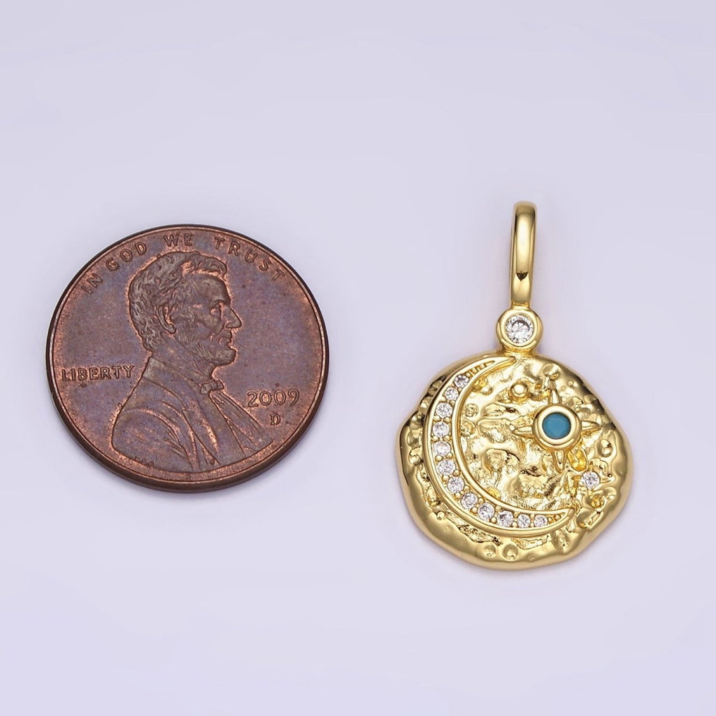 14K Gold plated Clear, Turquoise Celestial Star Crescent Moon Micro Paved Hammered CZ Pendant | AH109 AH110