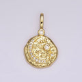 14K Gold plated Clear, Turquoise Celestial Star Crescent Moon Micro Paved Hammered CZ Pendant | AH109 AH110